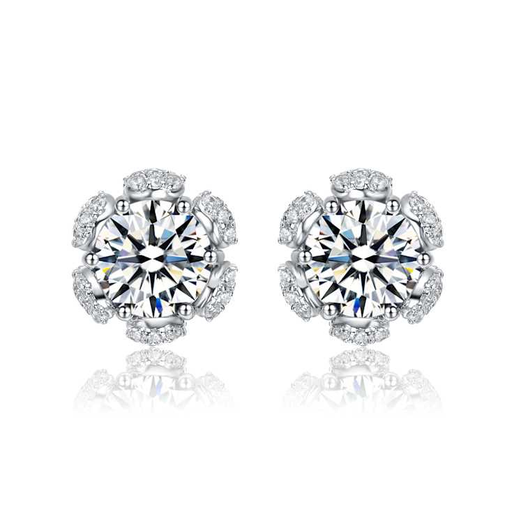 CZ Flower Halo Stud Earrings In Sterling Silver
