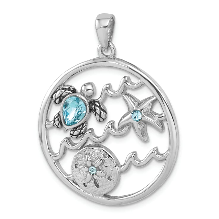 Rhodium Over Sterling Silver Antiqued Round Crystal Sealife Pendant