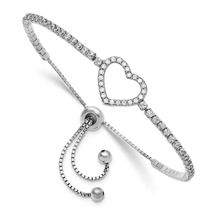 Rhodium Over Sterling Silver Cubic Zirconia Heart Adjustable Bracelet