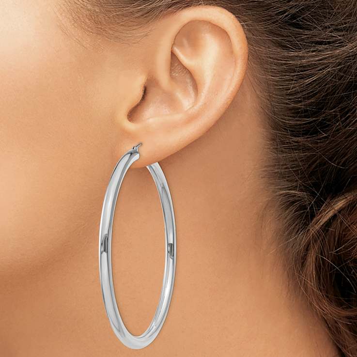 Rhodium Over 14k White Gold 2 9/16" Polished Tube Hoop Earrings