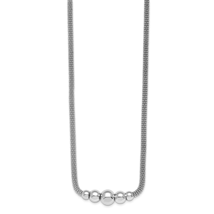 Rhodium Over Sterling Silver Polished Mesh Graduated Beaded Necklace