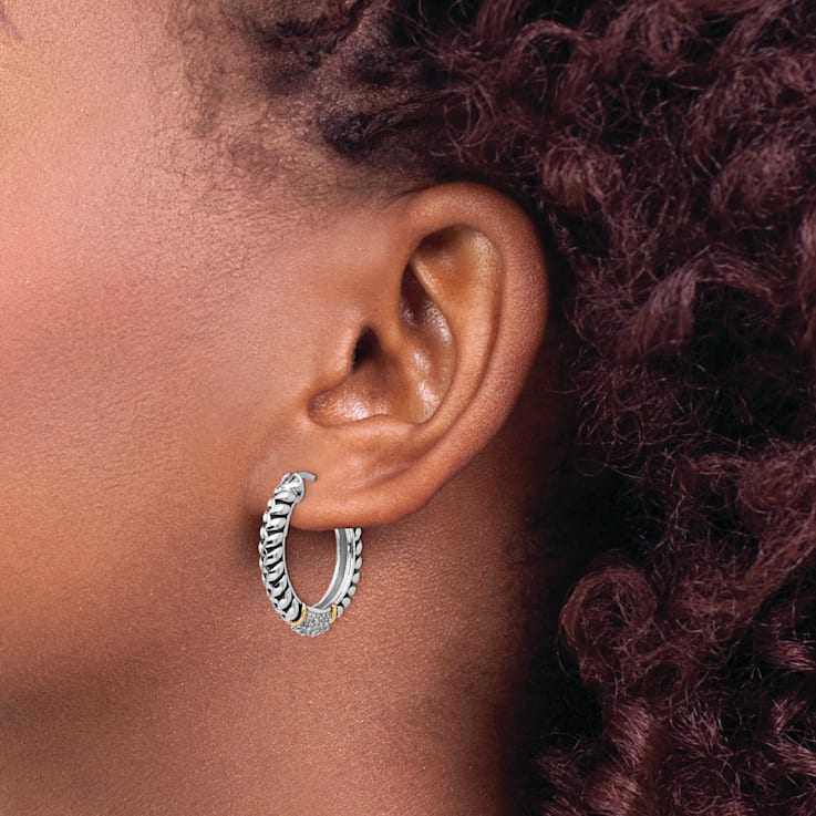 Sterling Silver Antiqued with 14K Accent Diamond Hoop Earrings