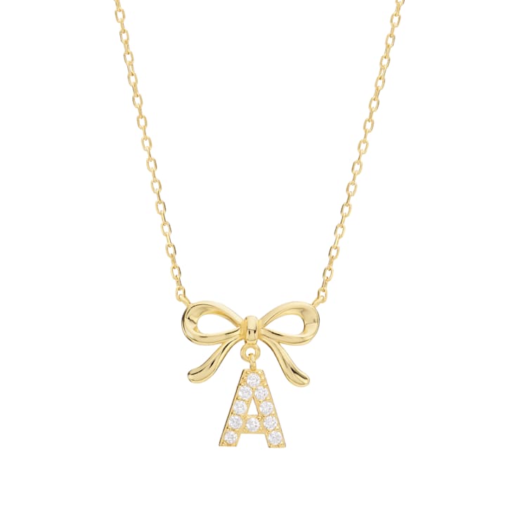 Initial A Bow CZ Necklace In 14K Gold Over Sterling Silver 0.23ctw