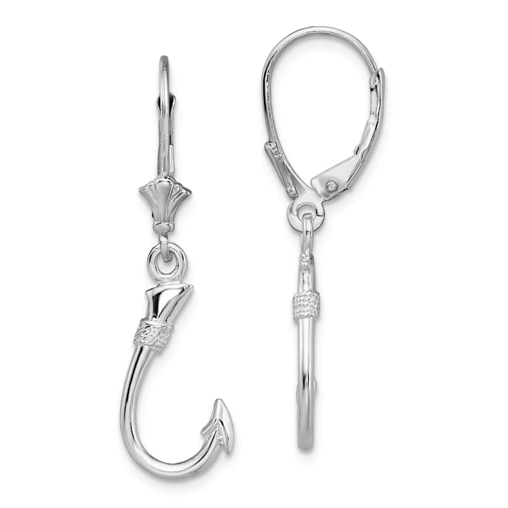 Rhodium Over Sterling Silver Polished 3D Fish Hook Leverback Earrings