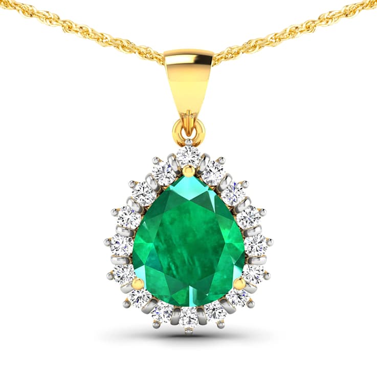 Green Zambian Emerald and White Diamond 14K Yellow Gold Pendant with 18
inch Cable Chain 2.85ctw