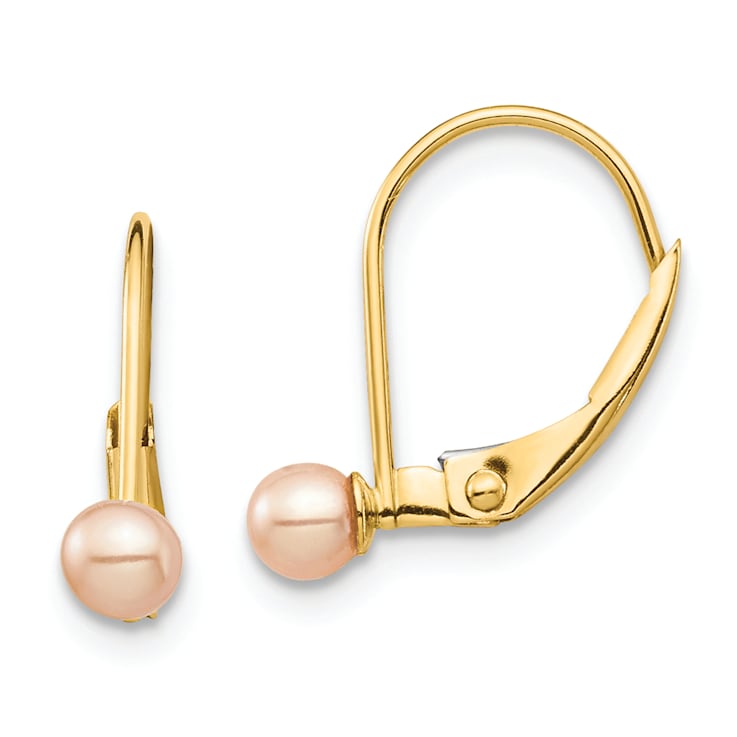 14K Yellow Gold 3-4mm Pink Round Freshwater Cultured Pearl Dangle Earrings