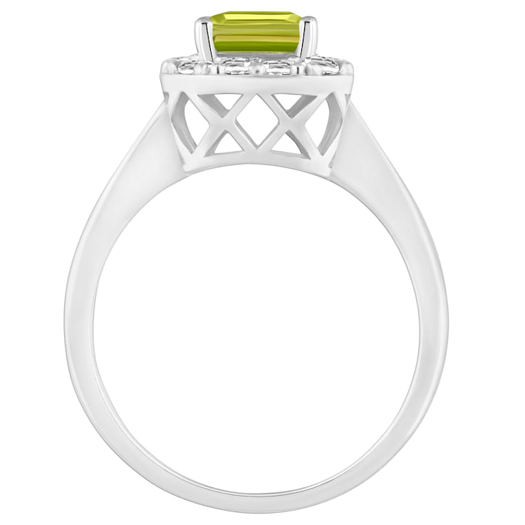 8x6mm Emerald Cut Peridot And White Topaz Accents Rhodium Over Sterling
Silver Halo Ring