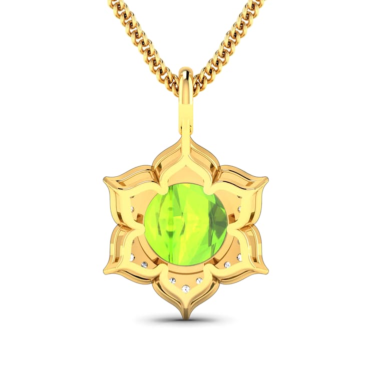 1.85ctw 14K Yellow Gold Round Peridot and White Diamond Pendant with 18
inch Cable Chain