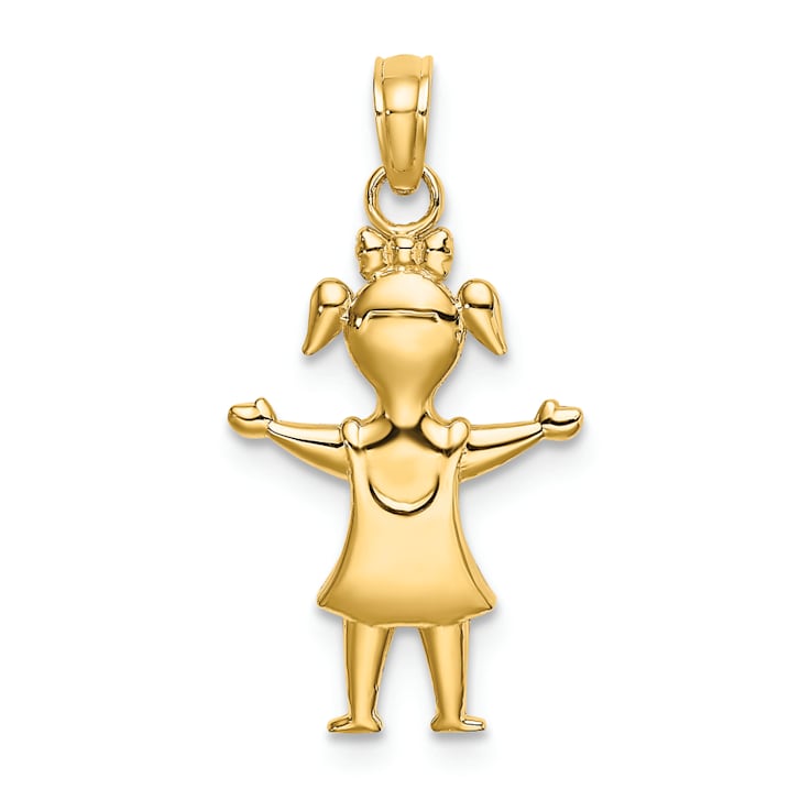 14k Yellow Gold Solid Polished Girl with Pig-Tails Pendant