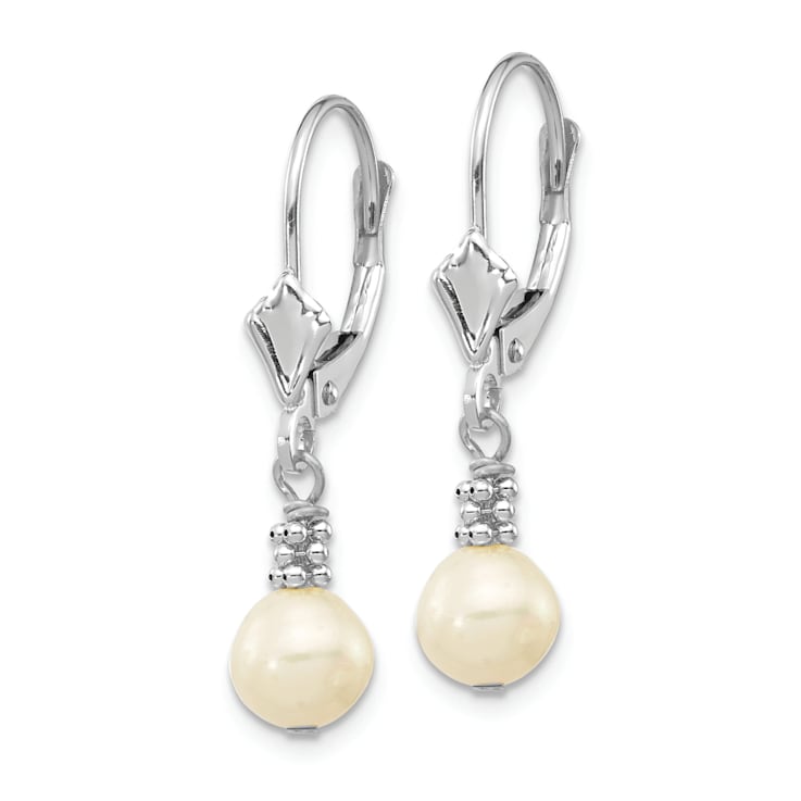 Rhodium Over 14K White Gold 5-6mm White Semi-round Freshwater Cultured
Pearl Leverback Earrings
