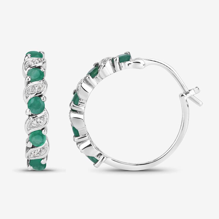Green Emerald and White Topaz Sterling Silver Hoop Earrings