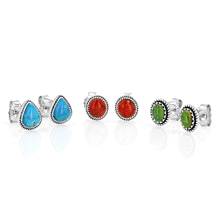 Coral, Green And Blue Turquoise Sterling Silver Stud Earring Set Of 3