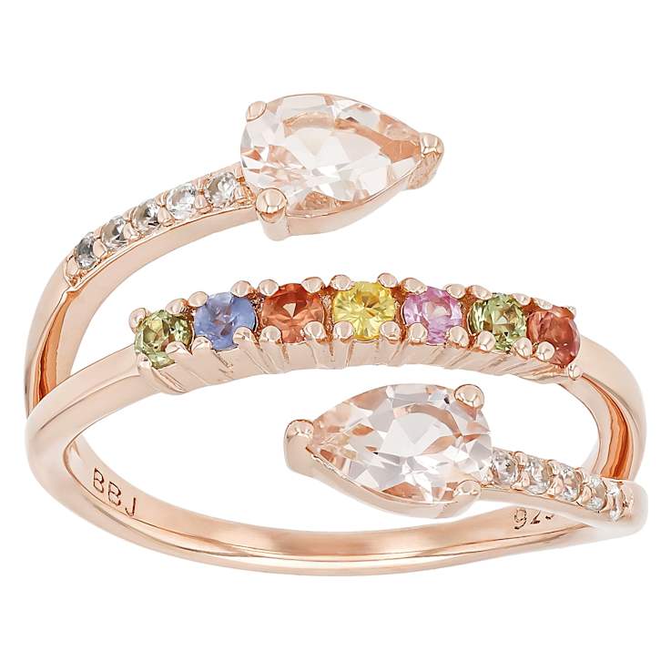 Morganite, Multi-Color Sapphire And White Zircon Ring In 18K Rose Gold
Over Sterling Silver