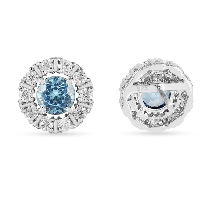 Round Blue Topaz with Moissanite Accents Rhodium Over Sterling Silver
Halo Earrings