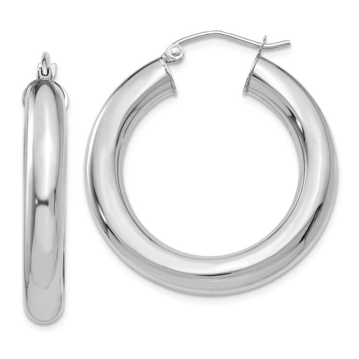 Rhodium Over 14k White Gold Polished 1 3/16" Tube Hoop Earrings