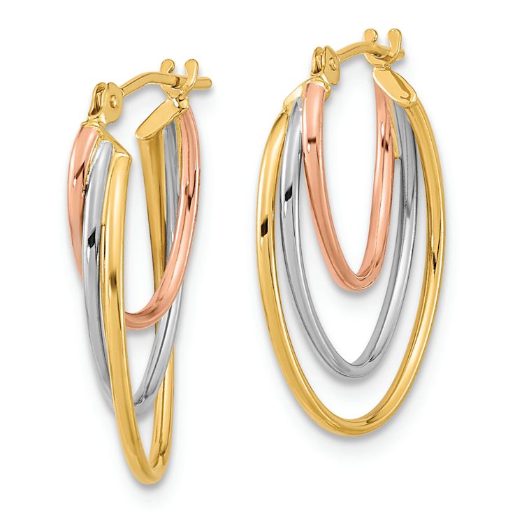 14k Tri-color Gold 13/16" Diamond-Cut Graduated 3 Ring Hoop Earrings