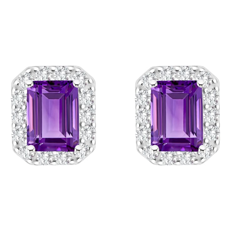 8x6mm Emerald Cut Amethyst And White Topaz Accent Rhodium Over Sterling
Silver Halo Stud Earrings