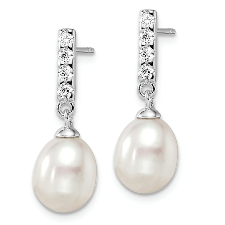 Rhodium Over Sterling Silver 8-9mm White Freshwater Cultured Pearl Cubic
Zirconia Post Earrings