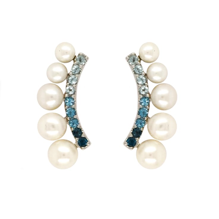 White Freshwater Pearl with Sky Blue, Swiss Blue and London Blue Topaz
Sterling Silver Ear Crawlers