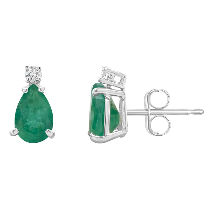 7x5mm Pear Shape Emerald with Diamond Accents 14k White Gold Stud Earrings
