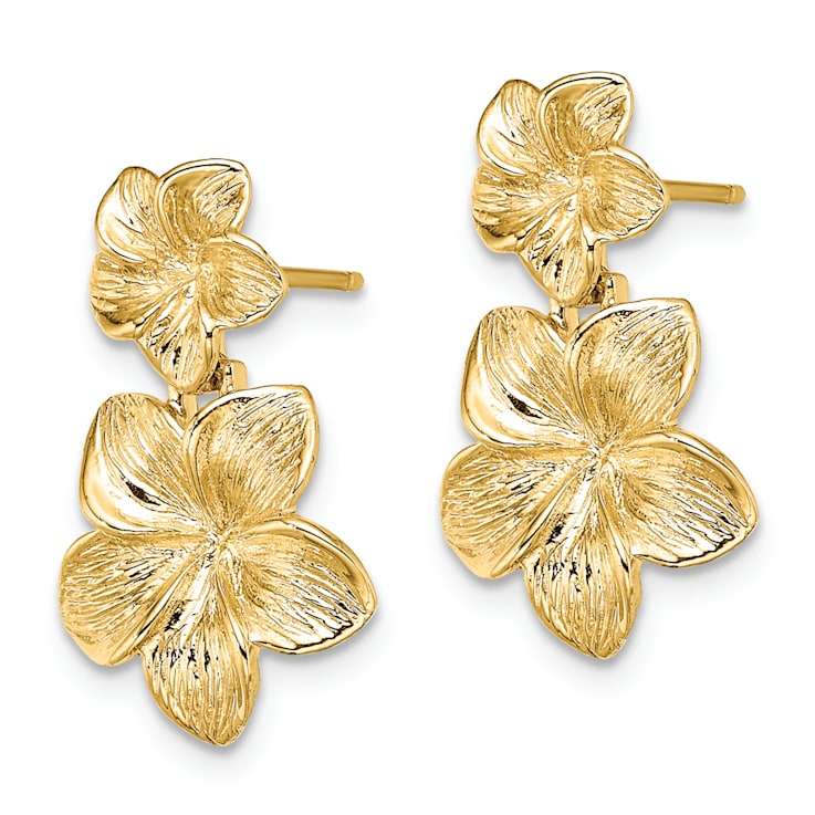 14k Yellow Gold Textured Double Plumeria Flower Dangle Earrings