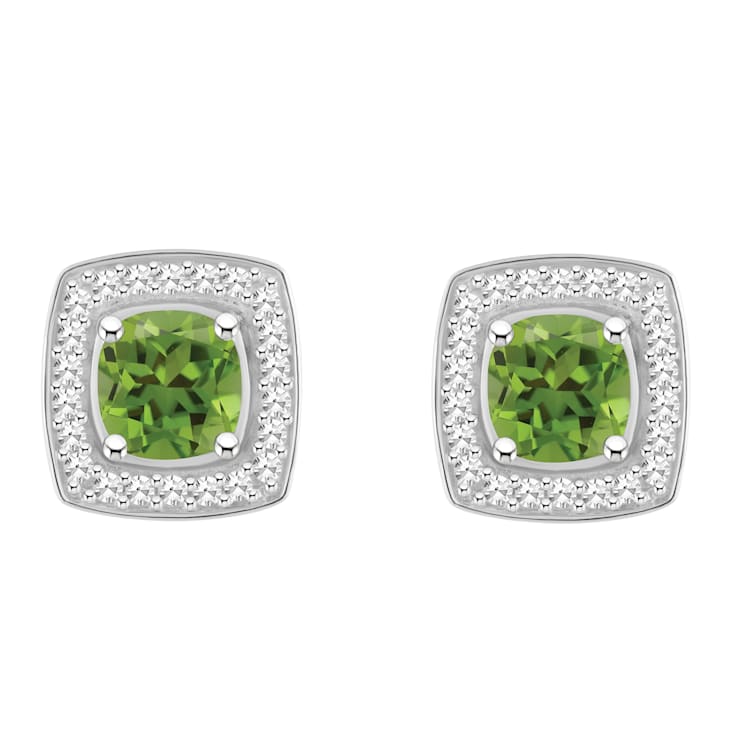 5mm Cushion Peridot 1/5 ctw Diamond Rhodium Over Sterling Silver Halo
Stud Earrings