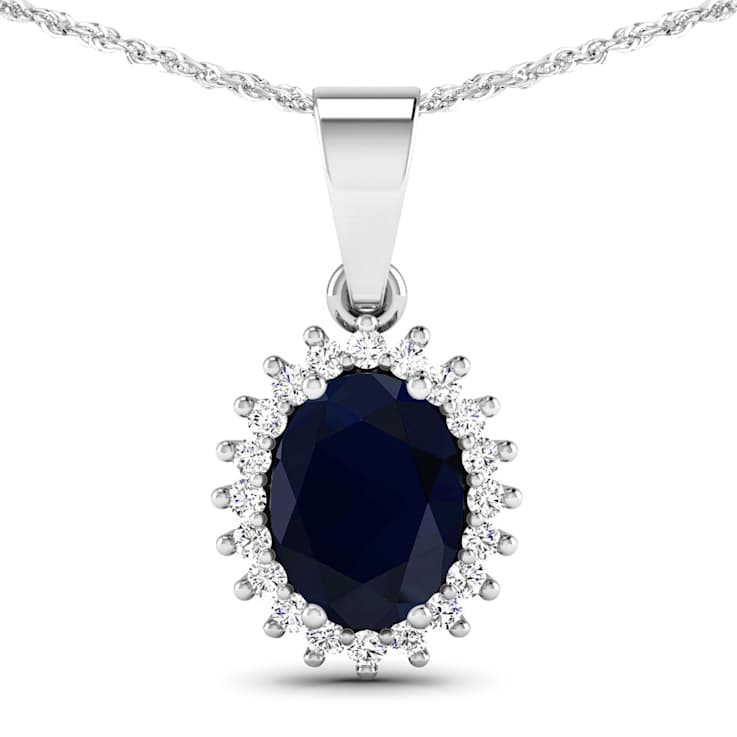 1.30ctw 14K White Gold Blue Sapphire and White Diamond Pendant with 18
inch Cable Chain