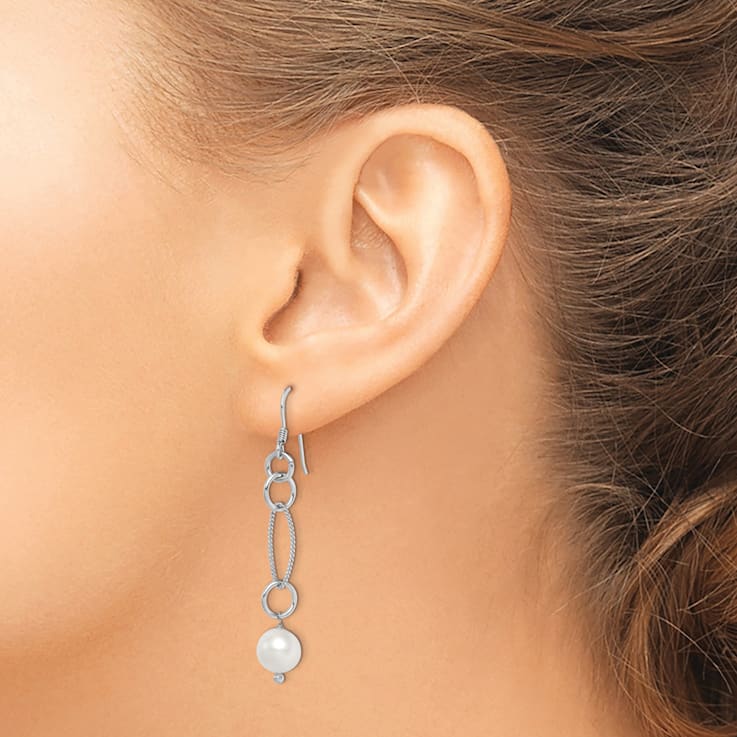 Rhodium Over Sterling Silver  Polished and Twisted Freshwater Cultured
Pearl Dangle Earrings
