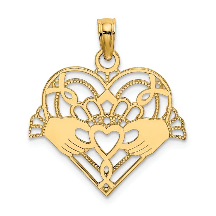 10K Yellow Gold Polished and Beaded Claddagh In Heart Charm