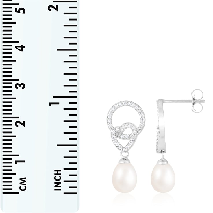 8-8.5mm White Cultured Freshwater Pearl and Cubic Zirconia Rhodium Over
Sterling Silver Earrings