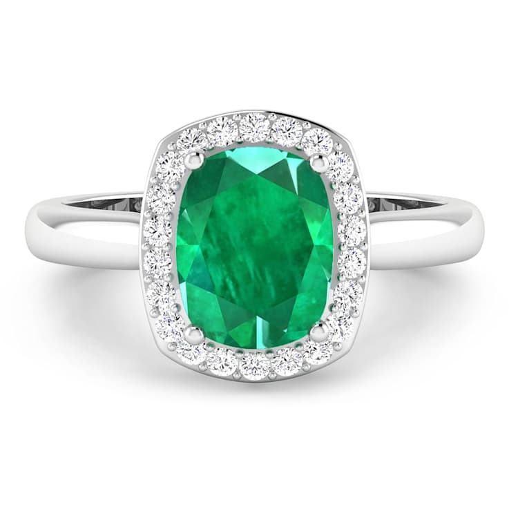 1.96ctw Green Emerald and Diamond 14K White Gold Halo Ring