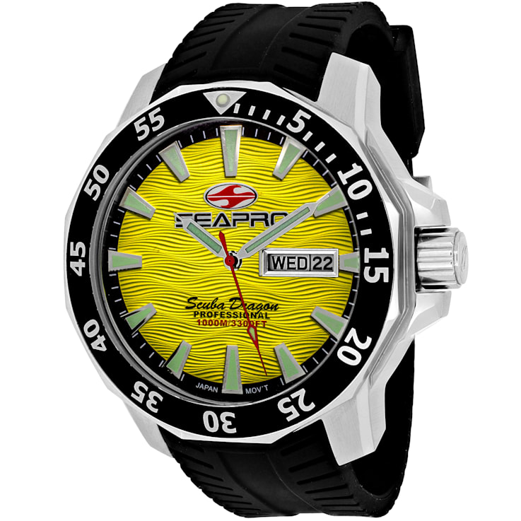 Seapro Men s Scuba Dragon Diver Limited Edition Yellow Dial Black Bezel Black Silicone Watch 1CJRDC