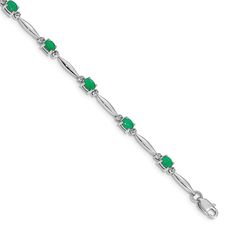 Rhodium Over 10k White Gold Diamond and Emerald Bracelet