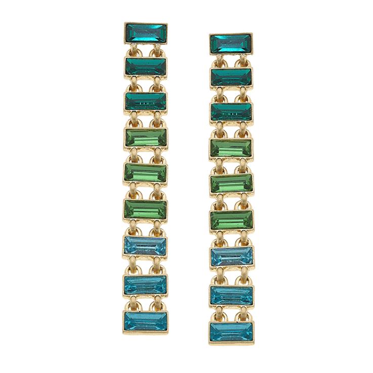 Katherine Gold Tone Rhinestone Aqua Baguette Statement Earrings