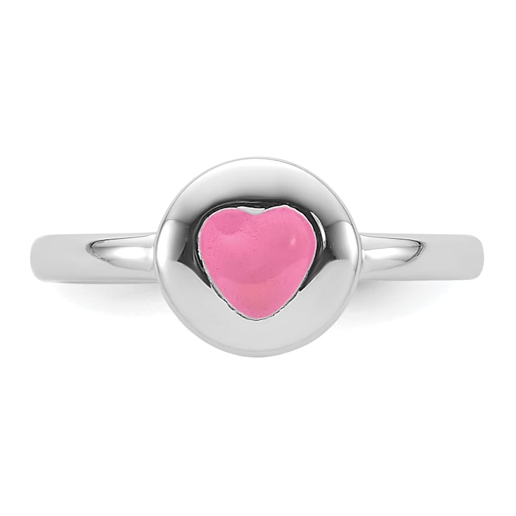 Rhodium Over Sterling Silver Polished Pink Enamel Heart Children's Ring