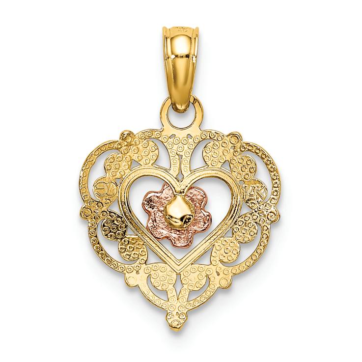14K Two-tone Gold  Polished and Textured Flower in Fancy Border Heart Pendant