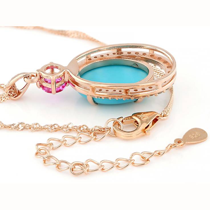 Turquoise, Lab Pink Sapphire And White Topaz Pendant Necklace In 18K
Rose Gold Over Sterling Silver