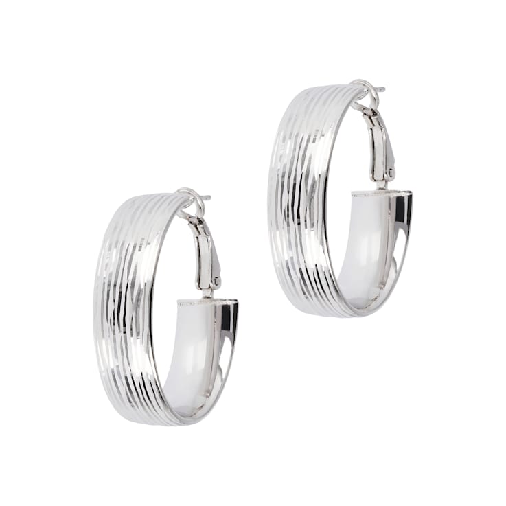 Sterling Silver Diamond Cut Oval Hoop Earrings with Omega Back