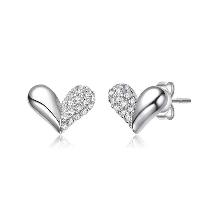 Pave CZ Heart Stud Earrings In White Gold Over Sterling Silver