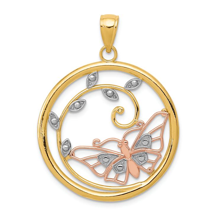 14k Tri-color Gold Butterfly in Circle Pendant