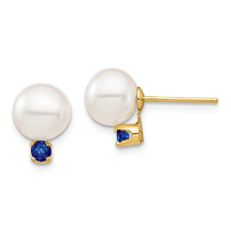 14K Yellow Gold 7-7.5mm White Round Freshwater Cultured Pearl Sapphire
Post Earrings