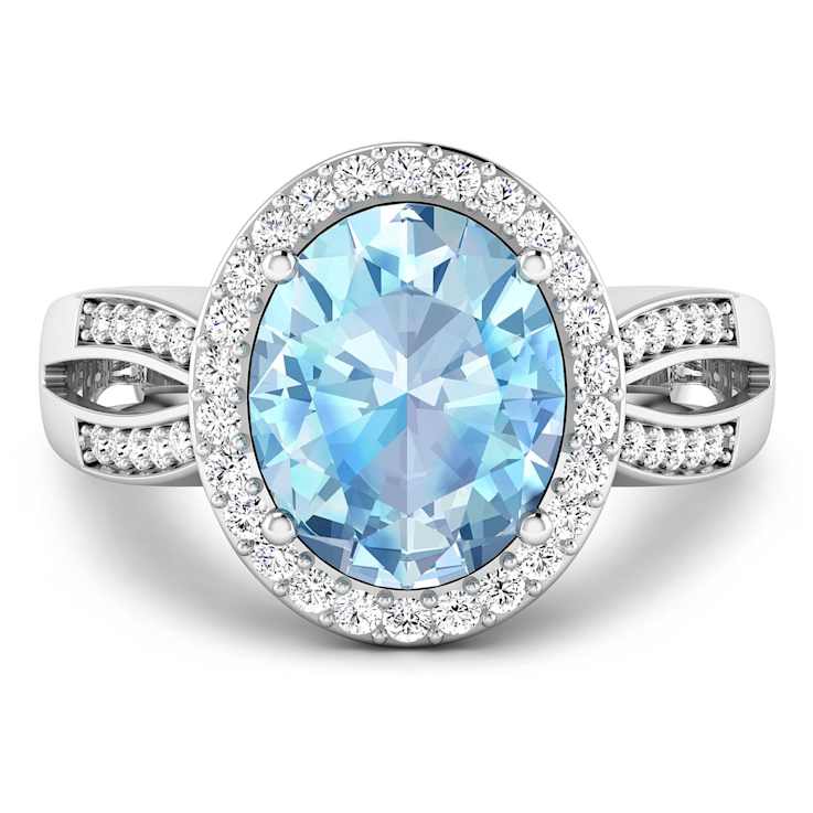 3.29 ctw Oval Blue Aquamarine and Diamond 14K White Gold Split Shank
Halo Ring