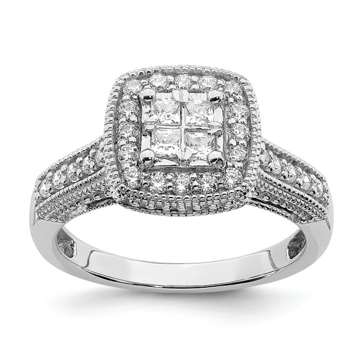 Rhodium Over 14K White Gold Diamond Cluster Engagement Ring 0.60ctw