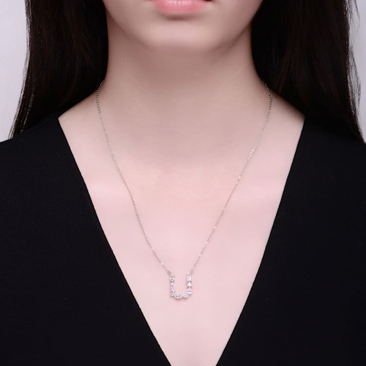 Initial U Mixed Cut CZ Pendant Necklace In Sterling Silver 18 Inch