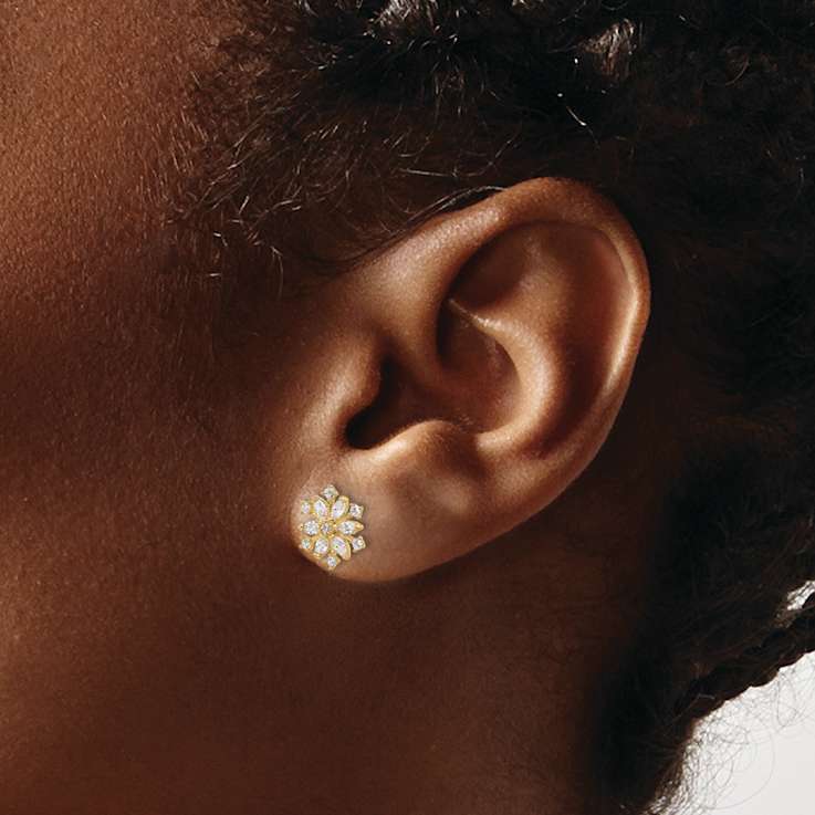 14k Yellow Gold Polished Cubic Zirconia 8.8mm Snowflake Stud Earrings