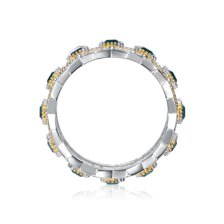 Emerald Color CZ Baguette Cocktail Ring In 14K White Gold Over Brass