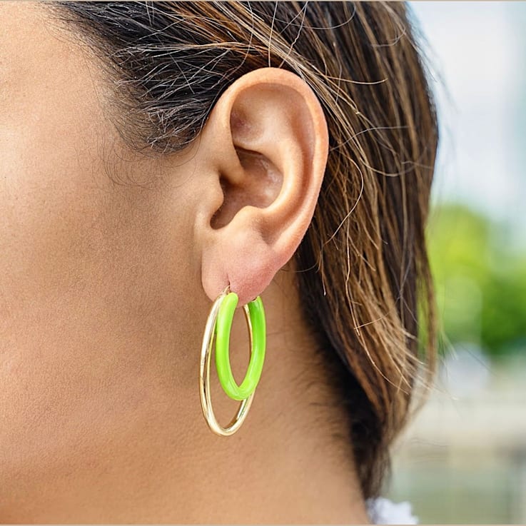 14K Gold Over Sterling Silver Double Oval Enamel Hoops in Neon Green