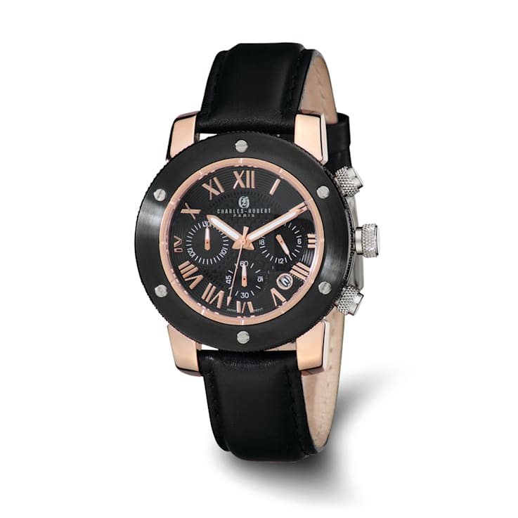 Charles Hubert Rose IP-plated Stainless Steel Black Dial Chronograph Watch