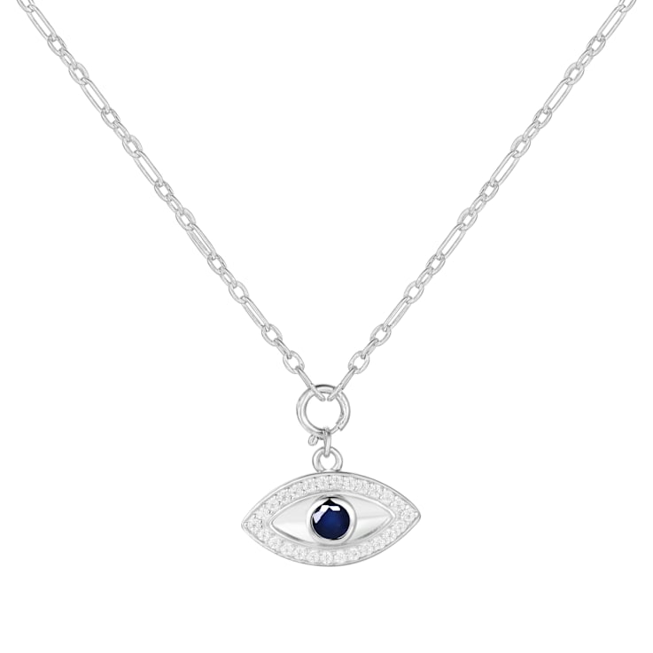 Sapphire and Moissanite Rhodium Over Sterling Silver Evil Eye Necklace