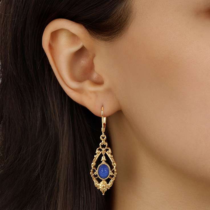 Blue Teardrop Dangle Earrings In Gold Tone